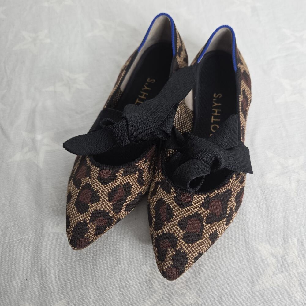 Rothy's The Mary Jane W7.5 Desert Cat Leopard Brown Tan Pointed Toe Bow Flat 7.5